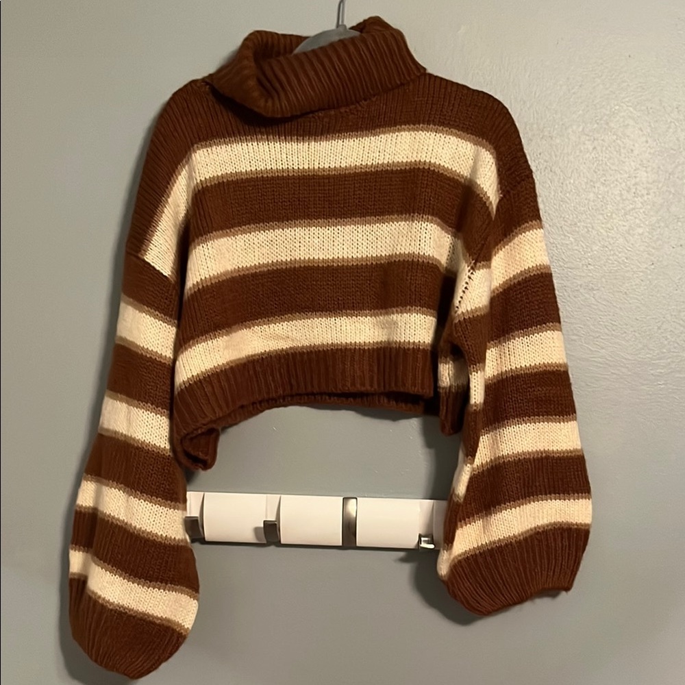 Cloud Ten- Brown and Cream Striped Cowl Neck Sweater